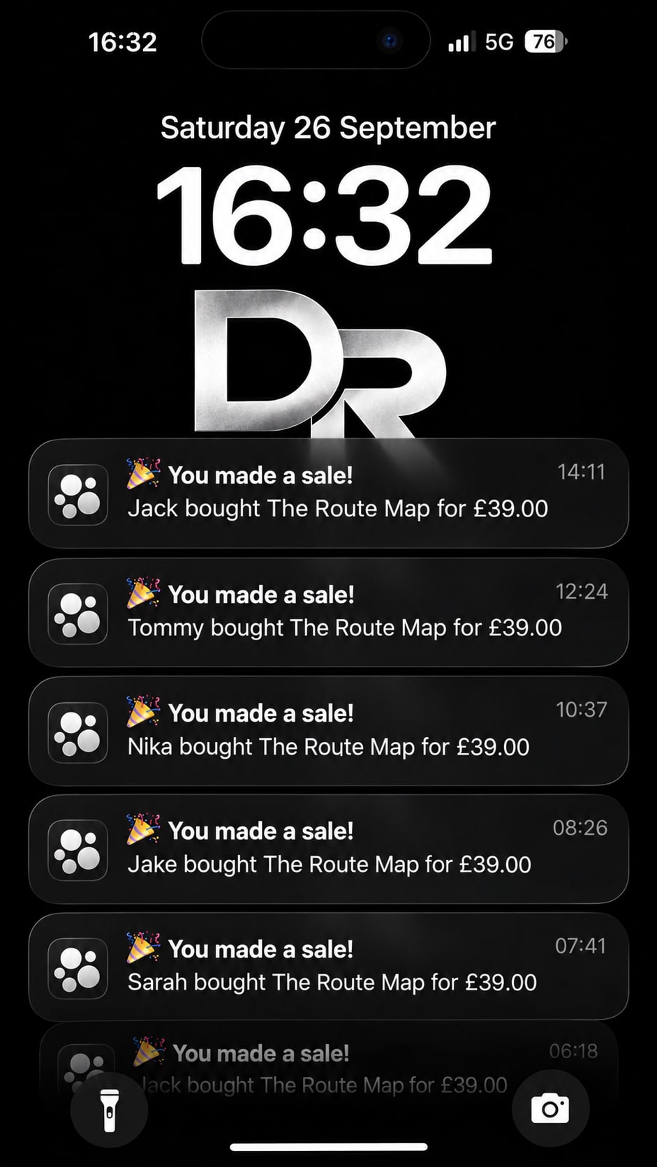 A phone lock screen showing sales notifications